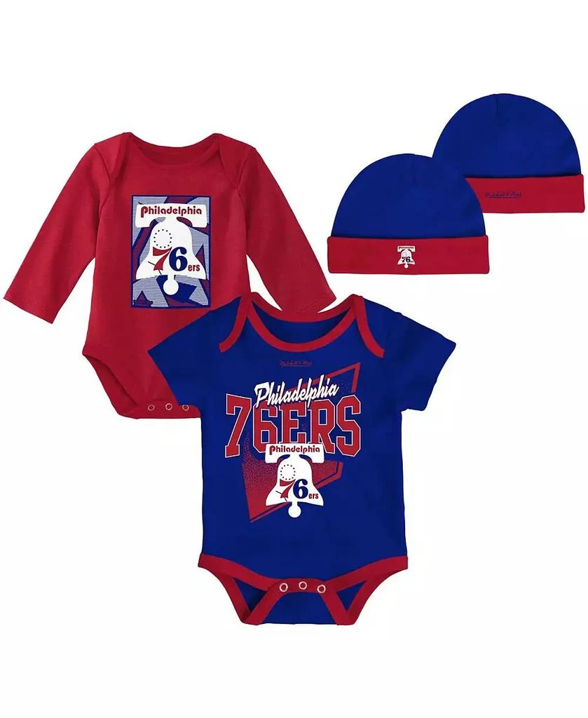 商品Mitchell & Ness|Newborn and Infant Boys and Girls Blue, Red Philadelphia 76ers 3-Piece Hardwood Classics Bodysuits and Cuffed Knit Hat Set,价格¥299,第1张图片