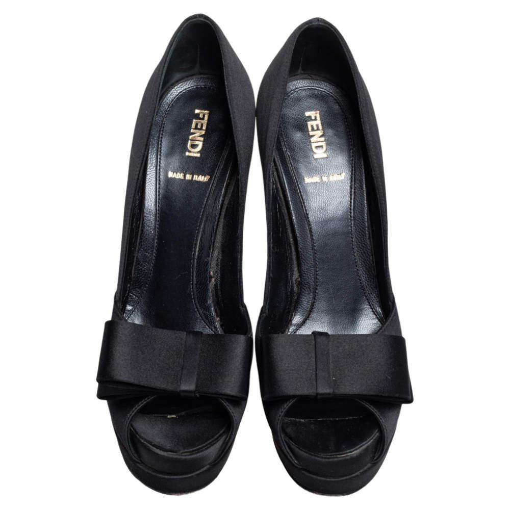 Fendi Black Satin Bow Open Toe Platform Pumps Size 37.5商品第3张图片规格展示