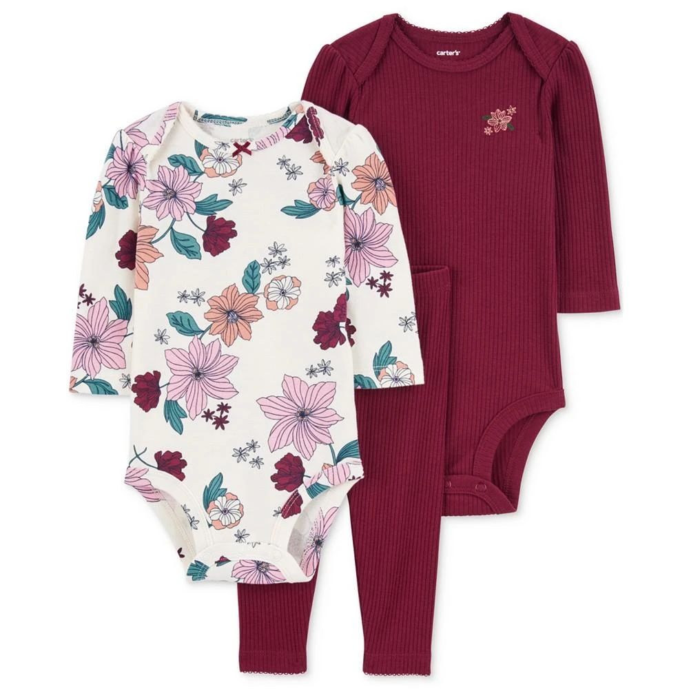 商品Carter's|Baby Girls 3-Pc. Floral Bodysuit, Ribbed-Knit Bodysuit & Pants Set,价格¥134,第1张图片