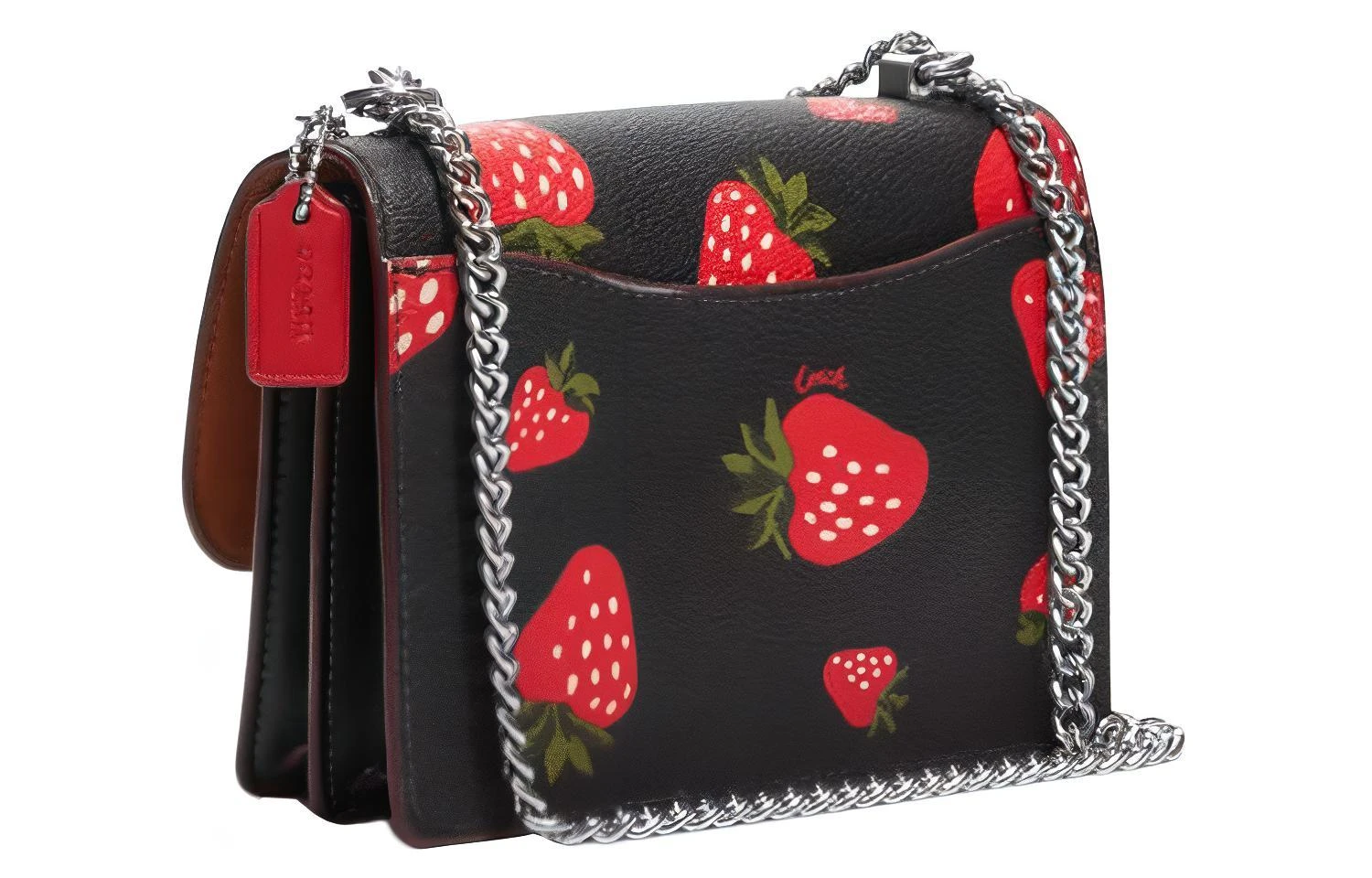商品[国内直发] Coach|蔻驰 Klare 系列 18 草莓印花链条肩带 皮革 风琴包单肩斜挎包 迷你 女款 黑色,价格¥1183,第3张图片详细描述