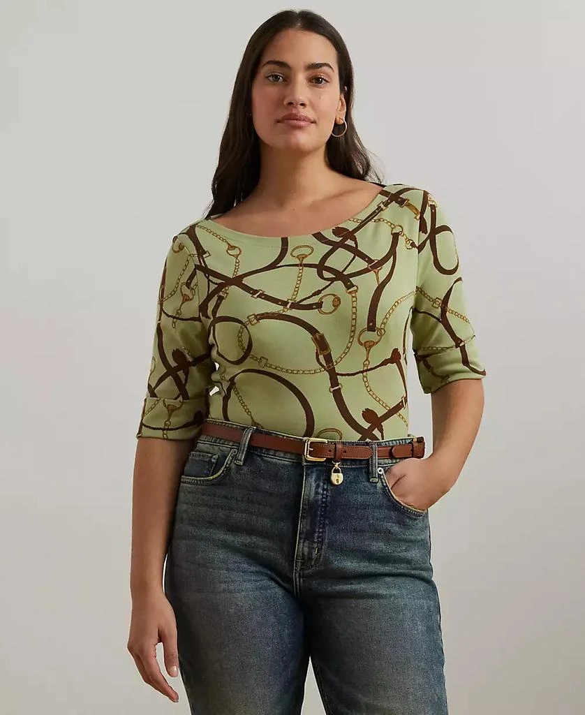 商品Ralph Lauren|Plus Size Belting-Print Cotton-Blend Boatneck Tee,价格¥311,第1张图片