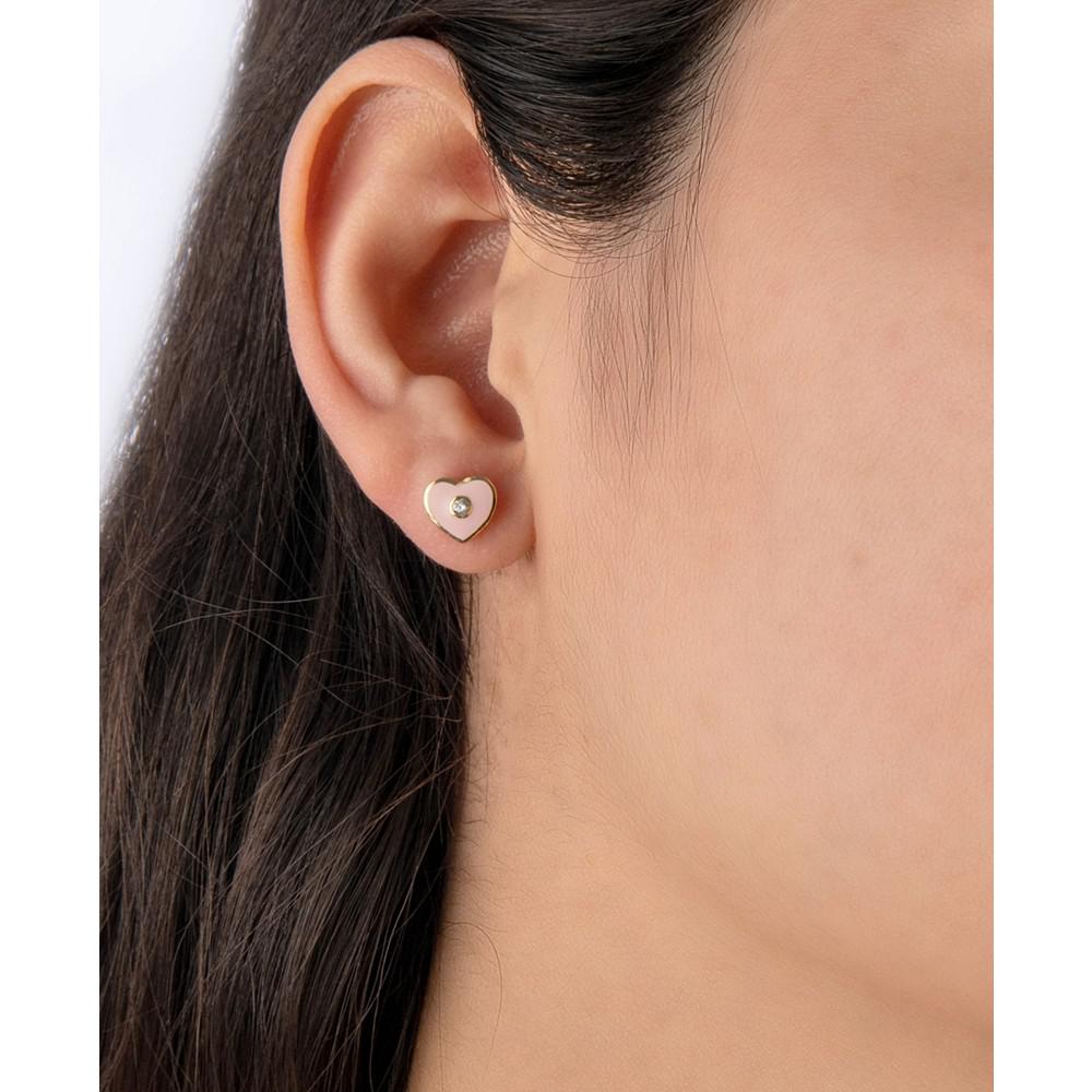 Clear Cubic Zirconia and Pink Enameled Heart Stud Earrings商品第2张图片规格展示