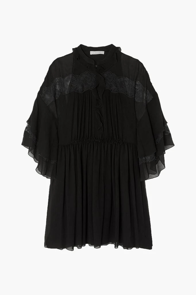 商品Chloé|Lace-paneled ruffled plissé-silk georgette mini dress,价格¥3852,第3张图片详细描述