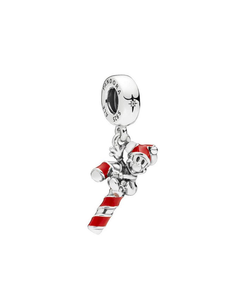 PANDORA Disney Silver CZ & Enamel Santa Mickeys Candy Cane Dangle Charm商品第1张图片规格展示