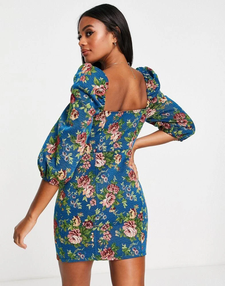 商品ASOS|ASOS DESIGN tapestry corset mini dress with long sleeves in blue floral,价格¥136,第2张图片详细描述