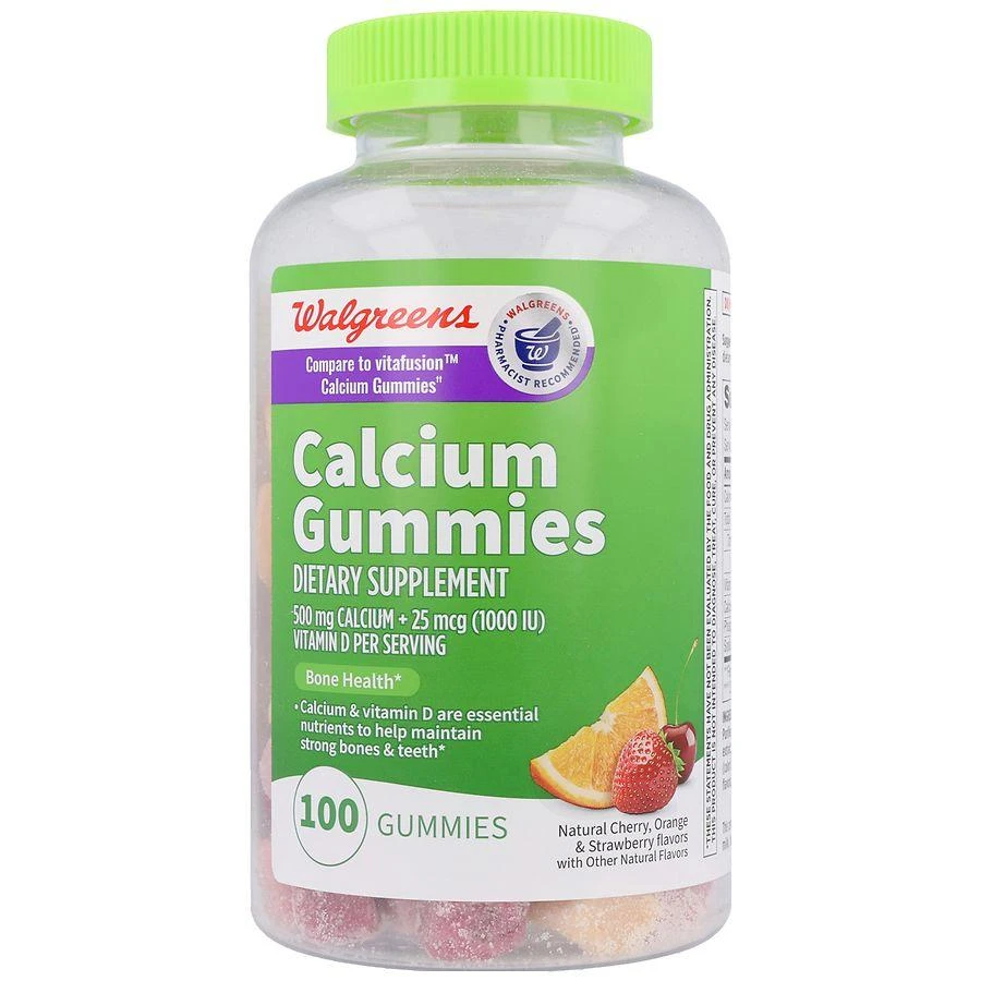 商品Walgreens|Calcium 500 mg + Vitamin D 25 mcg (1000 IU) Gummies Natural Cherry, Orange & Strawberry,价格¥97,第1张图片