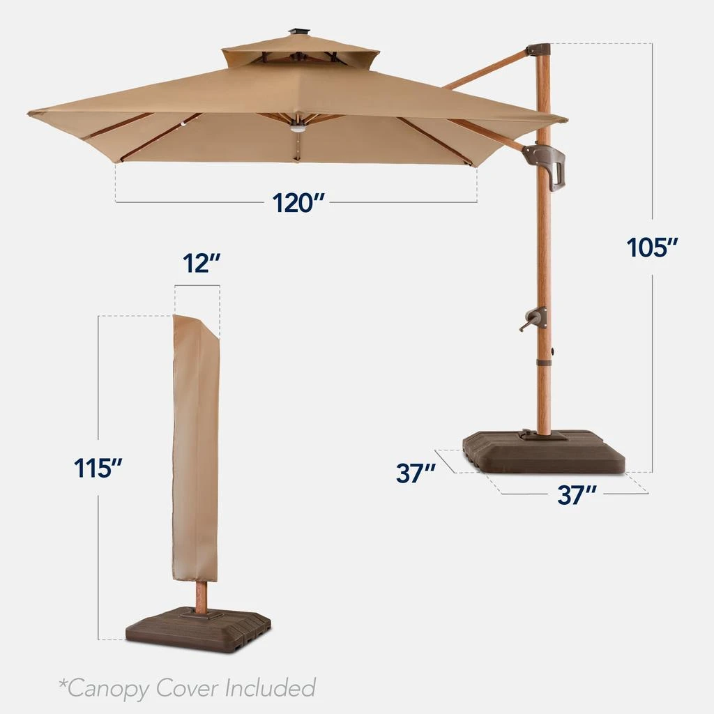 商品Best Choice Products|10ft Square Woodgrain Pattern 2-Tier Outdoor Solar LED Cantilever Umbrella w/ Base - Tan,价格¥3746,第2张图片详细描述