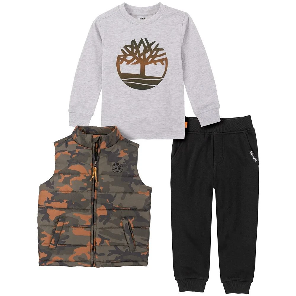 商品Timberland|Toddler Boys Camo Puffer Vest, Logo T-shirt and Fleece Joggers, 3 Piece Set,价格¥400,第1张图片