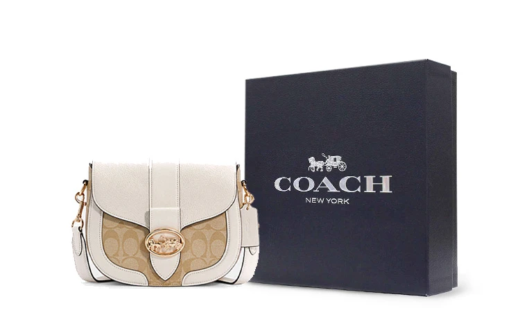 商品[国内直发] Coach|蔻驰 Georgie 21 金属马车扣拼色老花印花 帆布配皮革 马鞍包单肩斜挎包 小号 女款 米色拼浅卡其色,价格¥1653,第11张图片详细描述