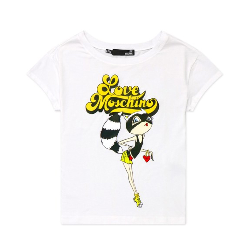 商品Moschino|MOSCHINO 女士白色卡通浣熊女孩图案贴花T恤 W4F3032-E1698-A00,价格¥732,第1张图片