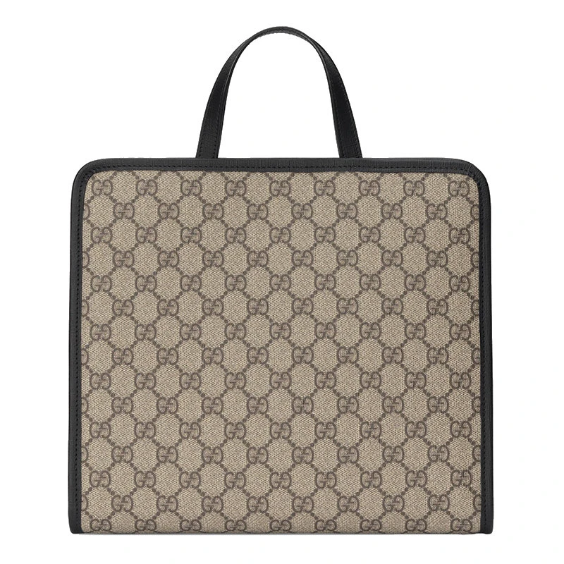 商品Gucci|【预售3-7天】GUCCI/古驰 2020 驼色和乌木色GG Supreme帆布饰有苹果细节黑色帆布饰边儿童手提托特包 648797HUHMN9774,价格¥5286,第5张图片详细描述