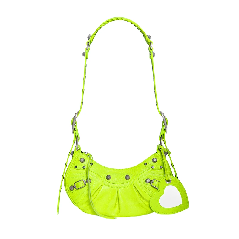 Balenciaga/巴黎世家 LE CAGOLE系列 女士超小号荧光绿色牛皮革鳄鱼压纹爱心镜子做旧银扣肩背手提腋下包 6713091VGUY7206 商品