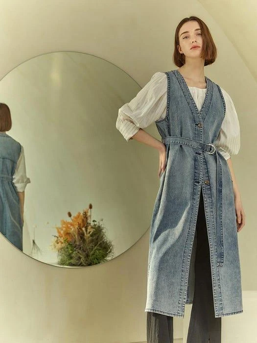 商品JOY GRYSON|Belted Denim Long Vest,价格¥2223,第1张图片