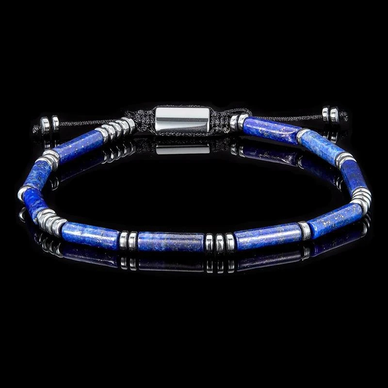 Crucible Jewelry Crucible Los Angeles Hematite and Lapis Lazuli Tube Stone Hematite Bead Adjustable Cord Tie Bracelet 4