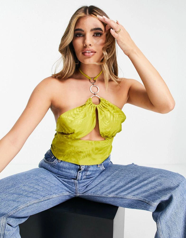 商品ASOS|ASOS DESIGN halter front scarf top with ring trim detail and split front in green,价格¥140,第1张图片