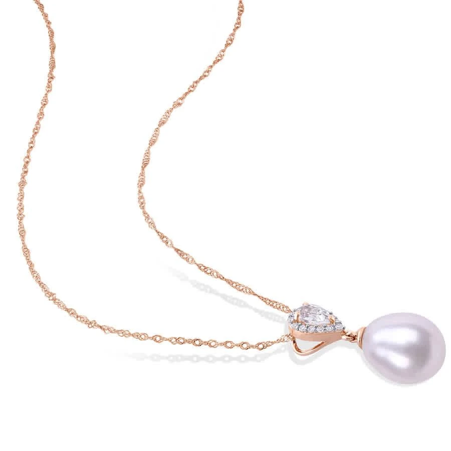 商品Amour|9-9.5 Mm Freshwater Cultured Pearl 1/4 CT TGW White Topaz and Diamond Accent Drop Pendant with Chain In 10K Rose Gold,价格¥1337,第3张图片详细描述