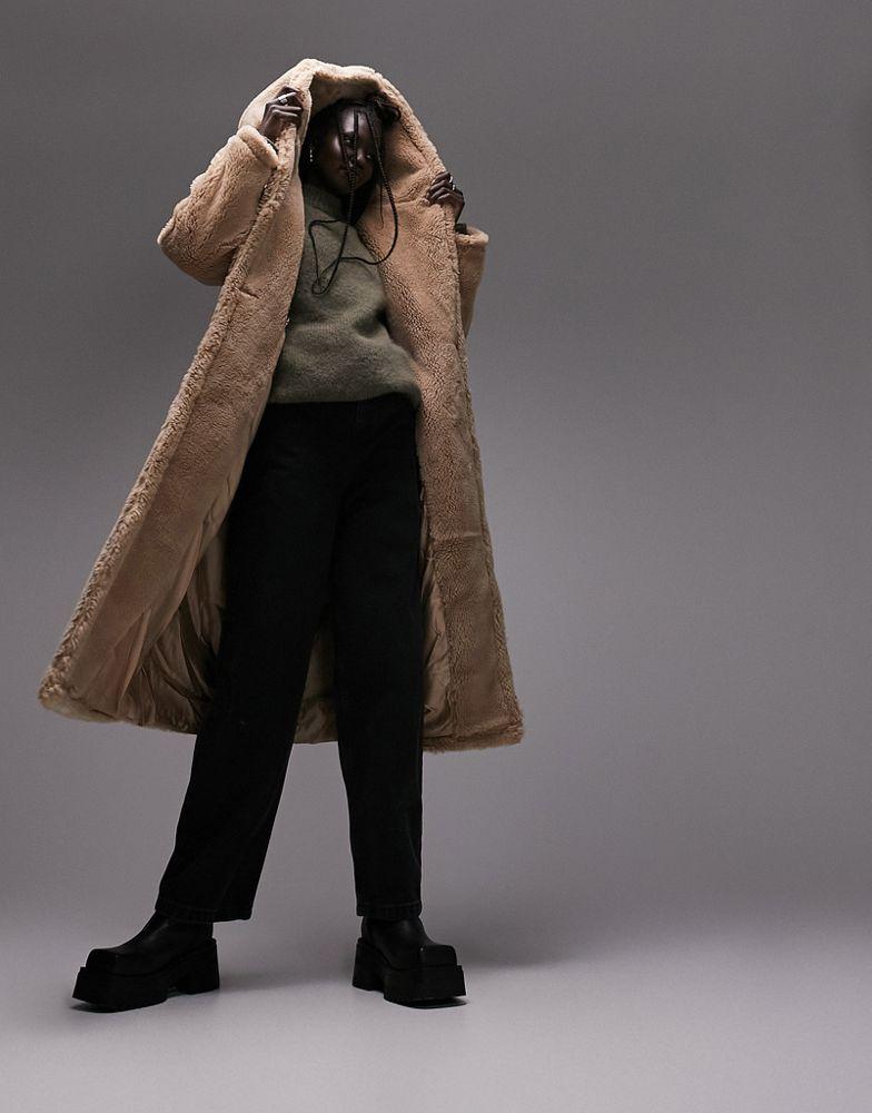 Topshop hooded borg coat in camel商品第2张图片规格展示