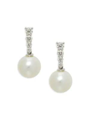 18K White Gold, Diamond & 9MM Cultured Freshwater Pearl Drop Earrings商品第1张图片规格展示