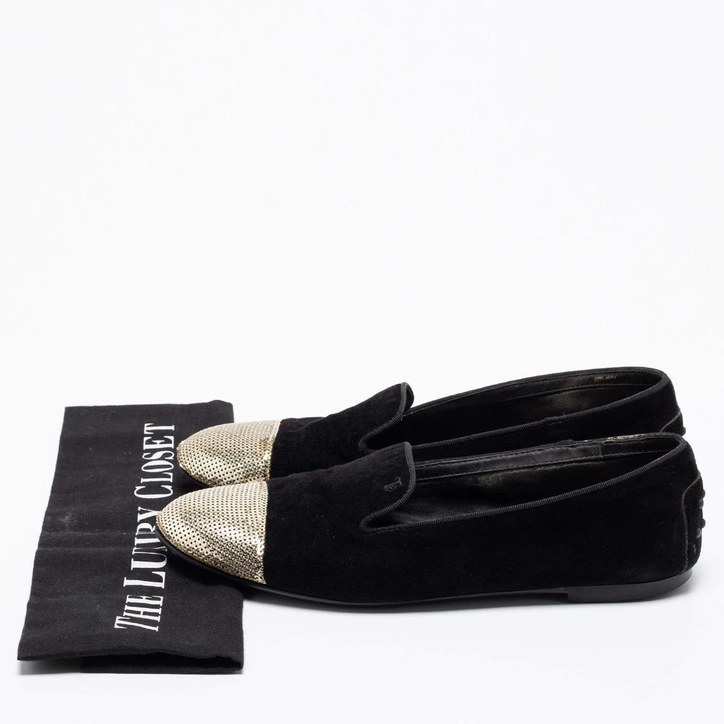 Tod's Black/Gold Suede and Sequins Embellished Cap-Toe Slip-On Loafers Size 37.5 商品