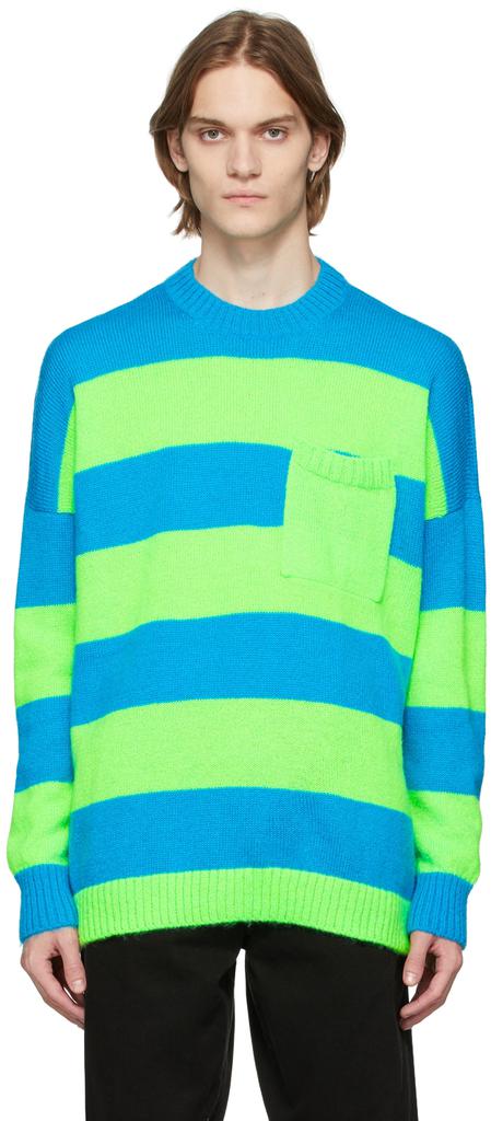 Blue & Green Striped Patchpocket Sweater商品第1张图片规格展示