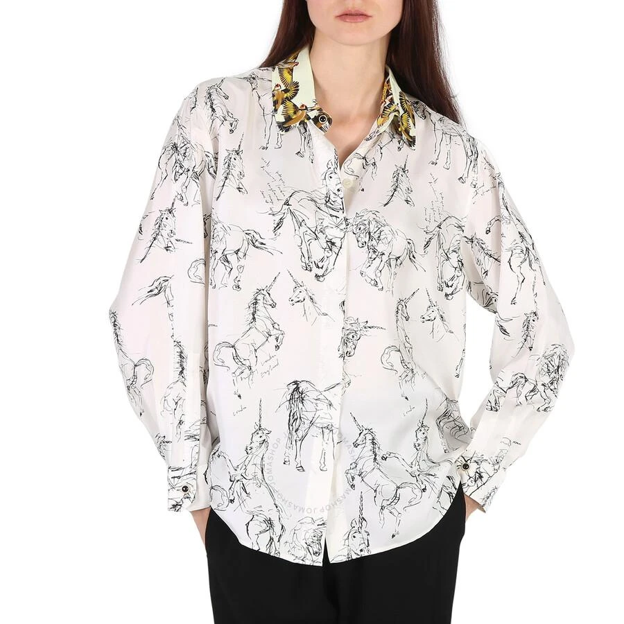 商品Burberry|Ladies White / Black Ruka Unicorn Sketch Print Shirt,价格¥1277,第1张图片