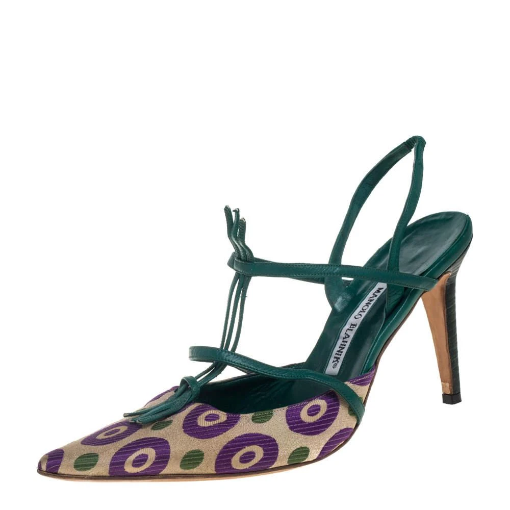 商品[二手商品] Manolo Blahnik|Manolo Blahnik Multicolor Printed Fabric And Leather Pointed Toe Slingback Sandals Size 40.5,价格¥1183,第1张图片