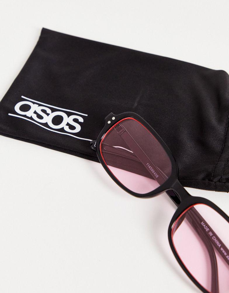 ASOS DESIGN rectangle sunglasses with pink lens in black - BLACK商品第4张图片规格展示