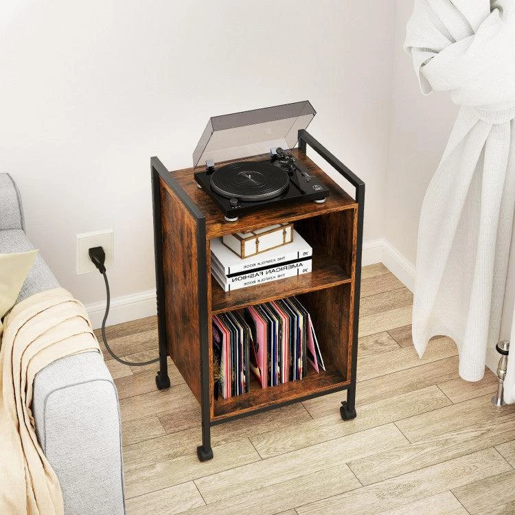 商品Hivvago|Mobile Record Player Stand with Power Outlet-Rustic Brown,价格¥914,第2张图片详细描述