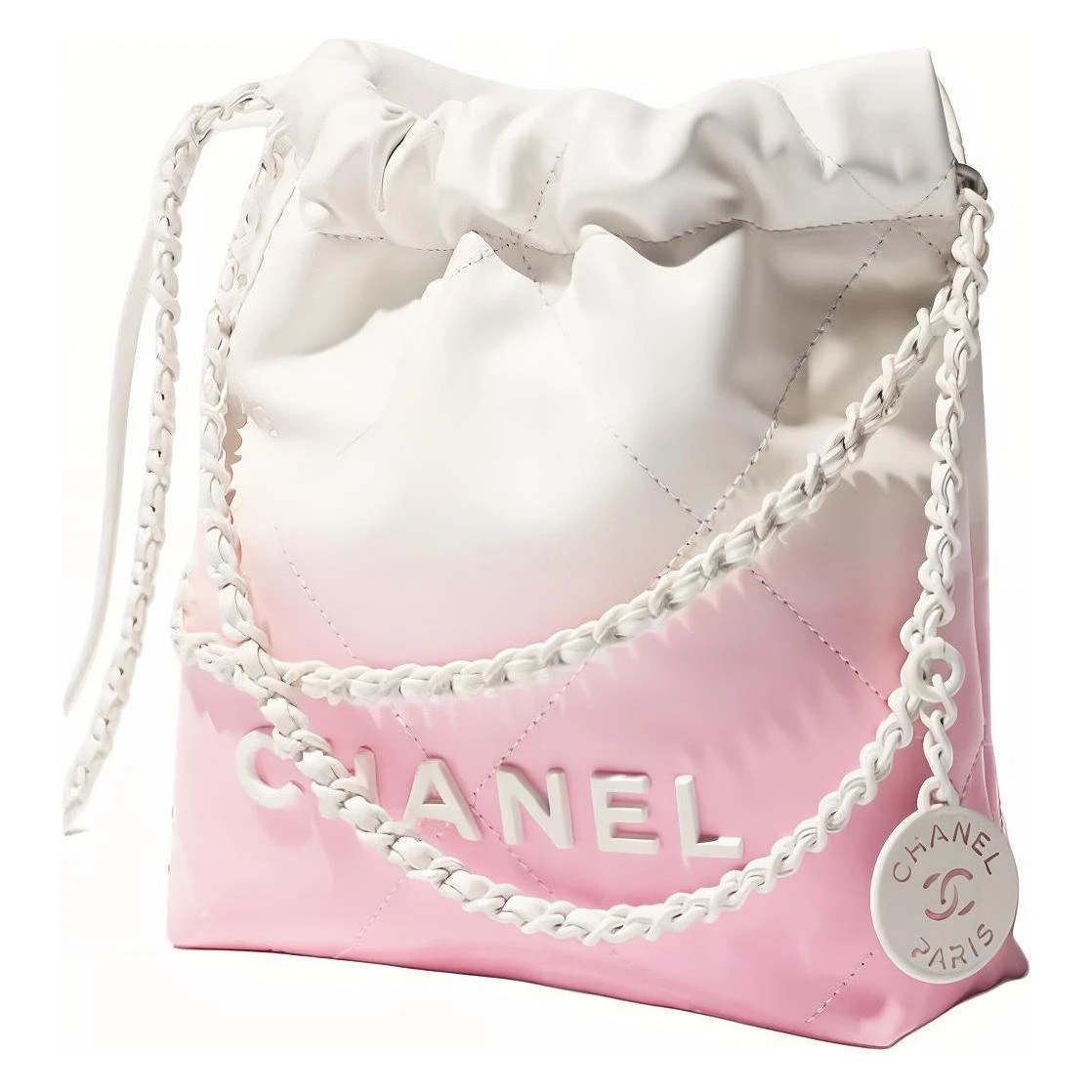 商品[国内直发] Chanel|香奈儿 22Bag 24S Logo抽绳开合 漆面渐变小牛皮 斜挎单肩包 迷你 女款 白色拼粉色,价格¥46849,第5张图片详细描述