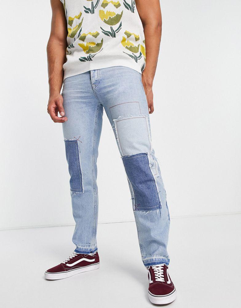 Topman straight patchwork jeans in mid wash  blue商品第1张图片规格展示