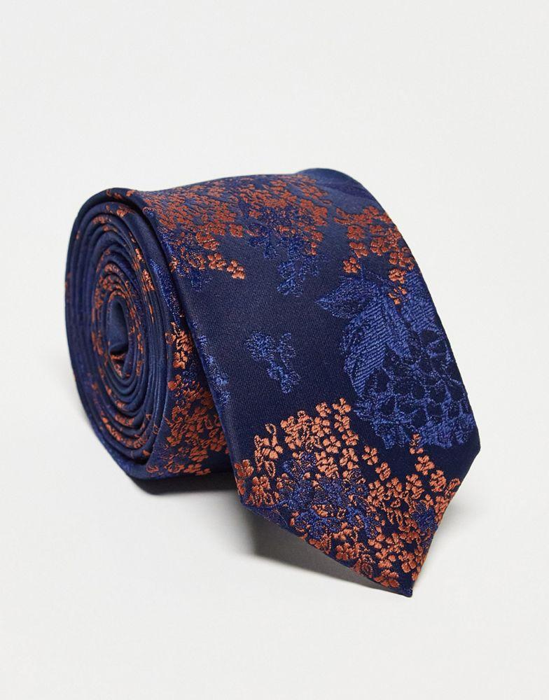 ASOS DESIGN slim tie in navy and burnt orange floral商品第2张图片规格展示