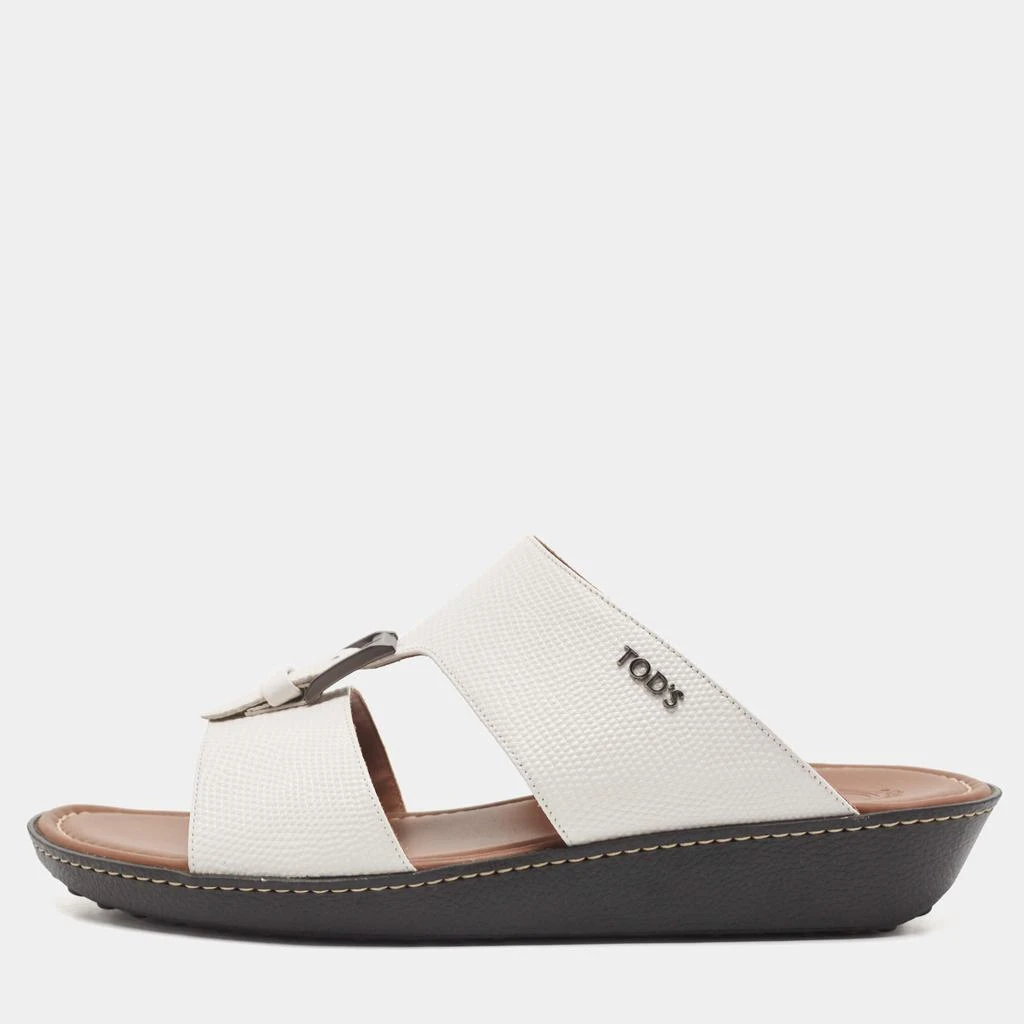 商品Tod's|Tod's White Lizard Embossed Leather Buckle Detail Slide Sandals Size 44,价格¥2070,第1张图片