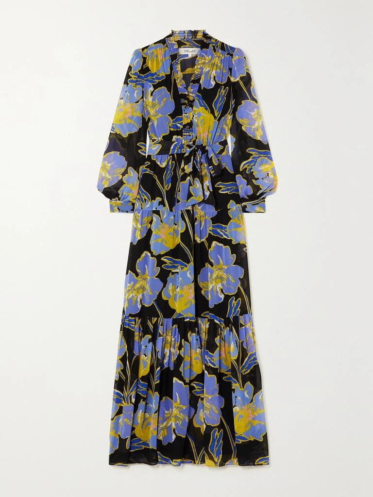 商品Diane von Furstenberg|Olenna 配腰带褶饰花卉印花双绉超长连衣裙,价格¥2619,第1张图片