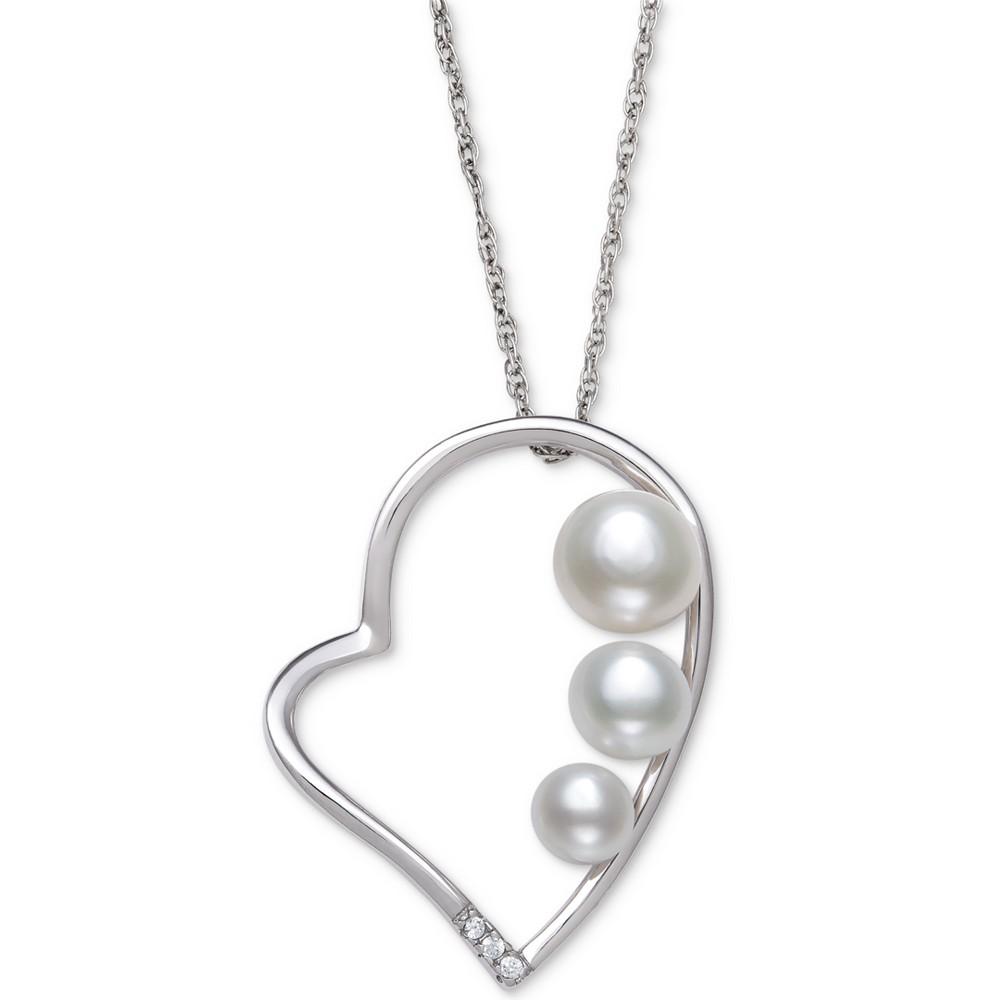 Cultured Freshwater Button Pearl (4 - 6mm) & Cubic Zirconia Heart 18" Pendant Necklace in Sterling Silver商品第1张图片规格展示