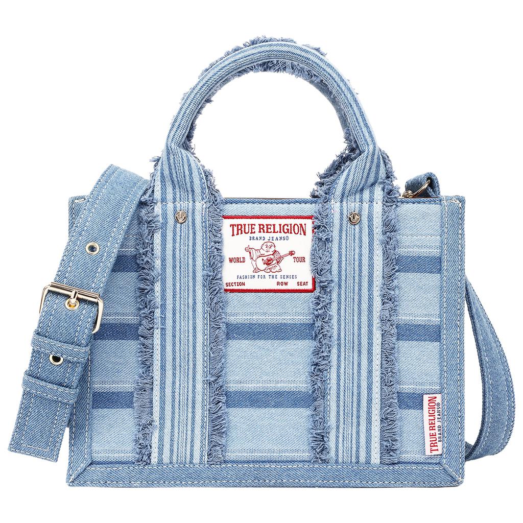 Borsa tote moderna in denim a righe multicolore con tracolla removibile. image 2