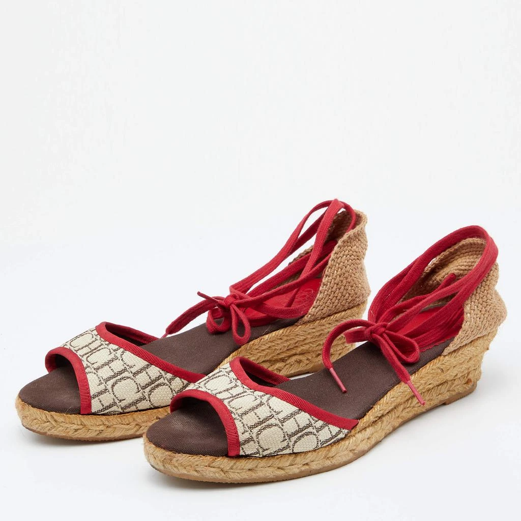 商品[二手商品] Carolina Herrera|CH Carolina Herrera Multicolor Monogram Canvas And Jute Espadrille Ankle Wrap Sandals Size 39,价格¥807,第2张图片详细描述