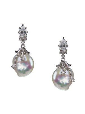 商品[国内直发] Kenneth Jay Lane|（轻微瑕疵）Look Of Real Rhodium-Plated, 11-15MM Freshwater Pearl & Cubic Zirconia Earrings,价格¥279,第1张图片