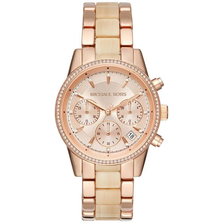 商品Michael Kors|Women's Chronograph Ritz Rose Gold-Tone Stainless Steel and Champagne Acetate Bracelet Watch 37mm MK6493,价格¥1234,第2张图片详细描述