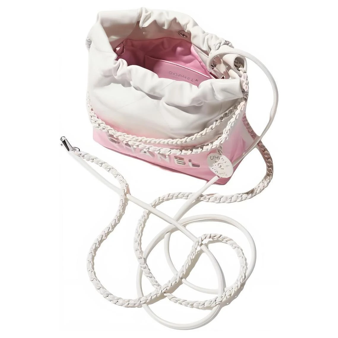 商品[国内直发] Chanel|香奈儿 22Bag 24S Logo抽绳开合 漆面渐变小牛皮 斜挎单肩包 迷你 女款 白色拼粉色,价格¥46849,第4张图片详细描述