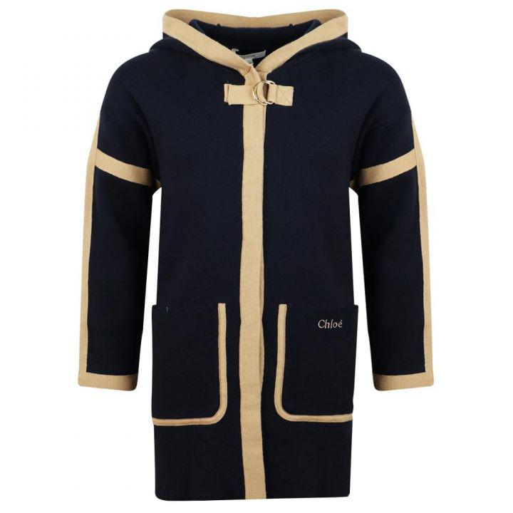 Navy & Beige Knitted Hooded Jacket商品第1张图片规格展示