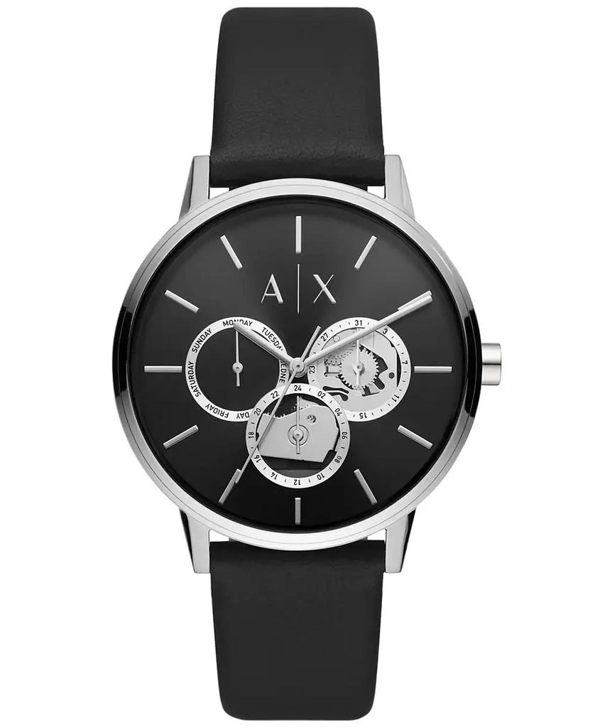 商品Armani Exchange|Men's Multifunction Black Leather Strap Watch,价格¥782,第1张图片