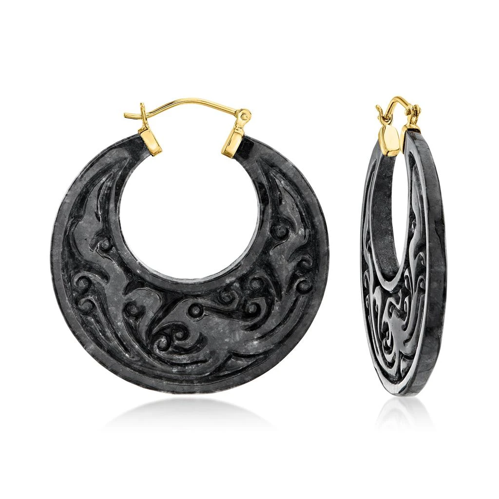 商品Ross-Simons|Carved Black Jade Phoenix Hoop Earrings in 14kt Yellow Gold,价格¥1641,第1张图片