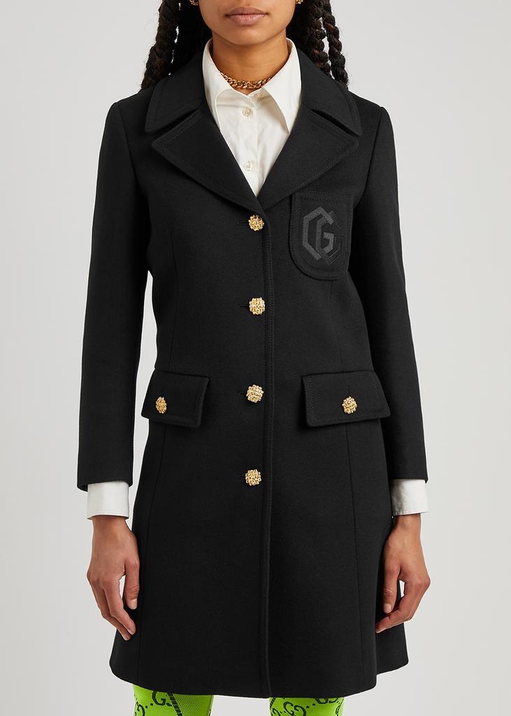 商品Gucci|Black logo-embroidered wool coat,价格¥20407,第4张图片详细描述