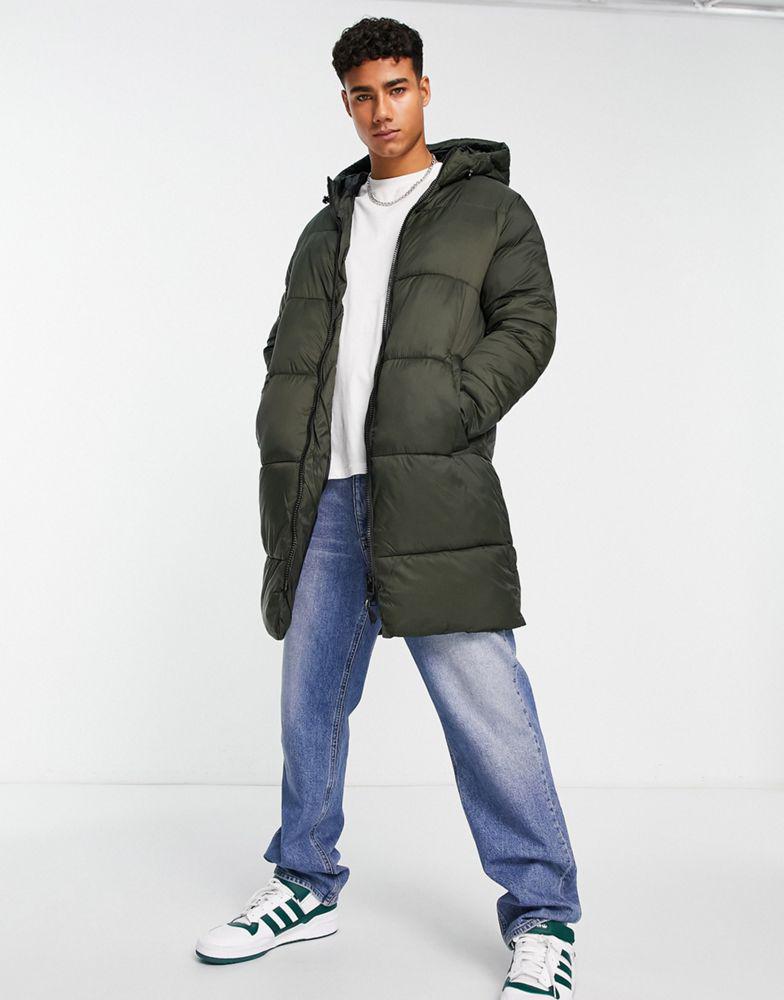 商品Jack & Jones|Jack & Jones Essentials longline puffer coat with hood in khaki with double zip,价格¥607,第4张图片详细描述