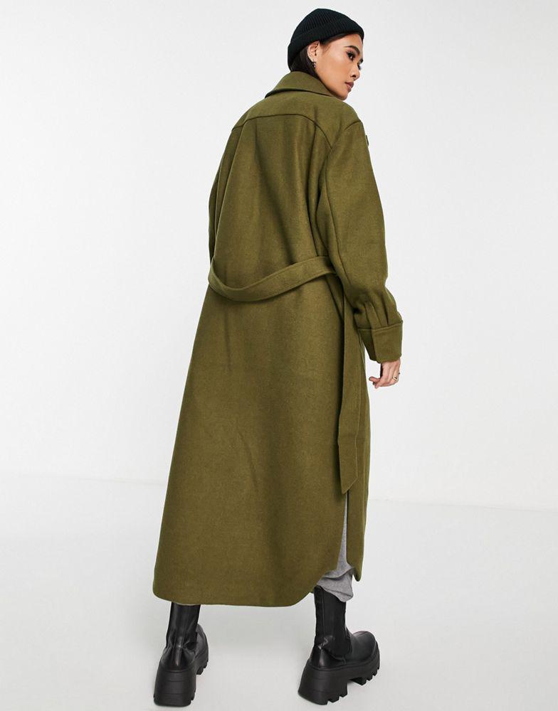 Topshop longline belted utility coat in khaki商品第2张图片规格展示