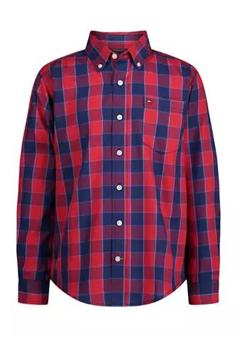 Boys 8-20 Long Sleeve Checker Plain Weave Plaid Shirt商品第1张图片规格展示