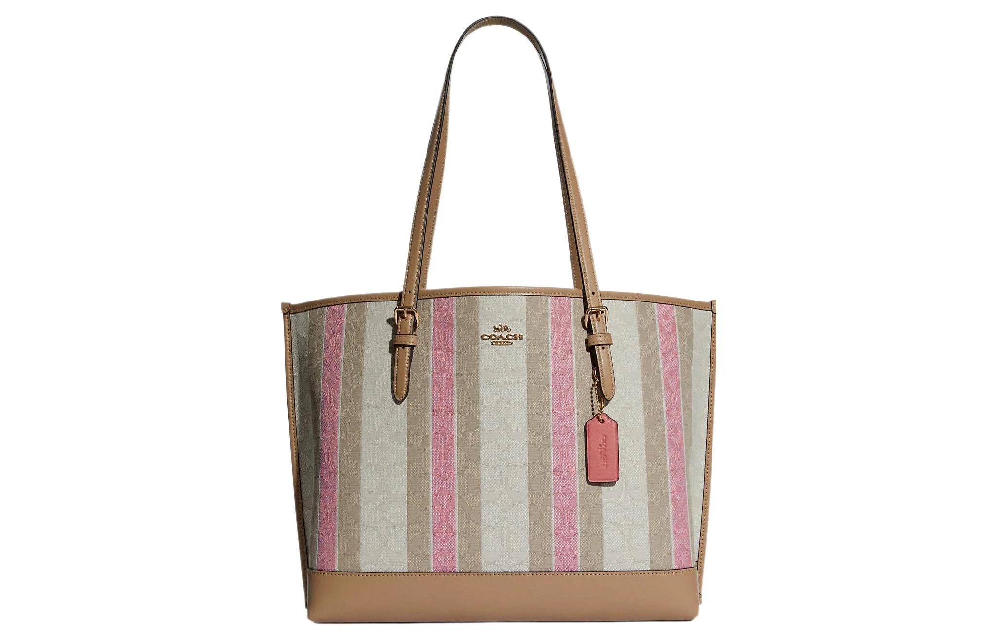 商品[国内直发] Coach|蔻驰 Mollie 33 提花条纹拼色大容量 织物配皮条 托特包Tote包购物袋单肩斜挎手提包 大号 女款 棕色拼多色条纹,价格¥2372,第1张图片
