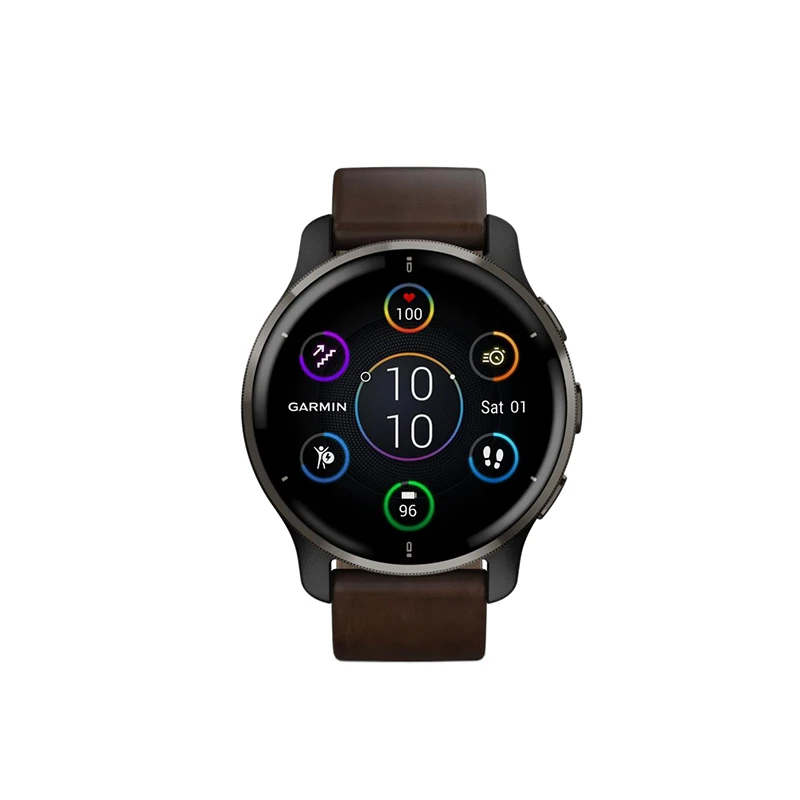 商品Garmin|GARMIN 男女同款黑色聚合物表盘石英机芯棕色皮革表带混合链接智能手表43MM,价格¥2886,第1张图片