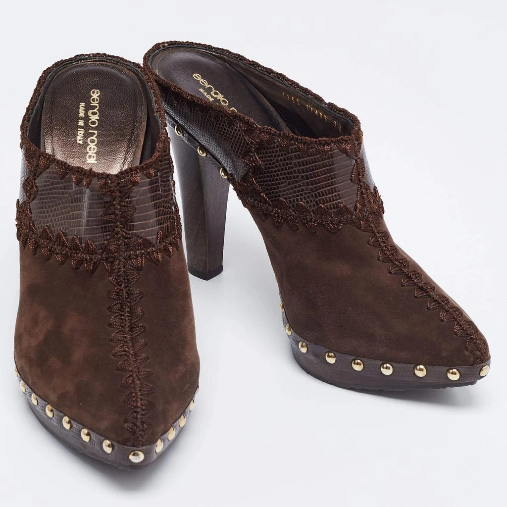 商品[二手商品] Sergio Rossi|Sergio Rossi Brown Lizard Embossed Leather and Suede Studded Platform Mules Size 38,价格¥1347,第4张图片详细描述