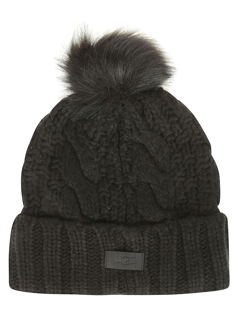 商品UGG|UGG W Knit Cable Hat W F Fur Pom Black,价格¥563,第1张图片